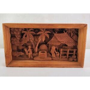 Hand Carved Teakwood Asian Village Scene 3D Shadow Box 11.5 X 6.5" Hut Thailand